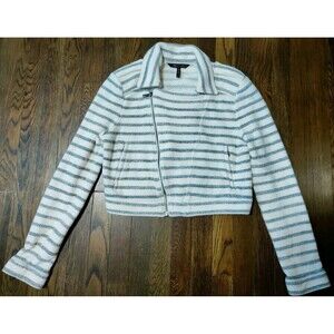 BCBG MaxAzria Levi Moto Women's Zip Jacket Cream Navy Stripe Biker Style Medium